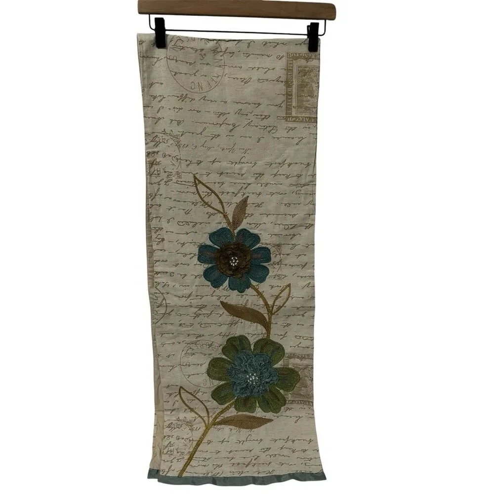 Pier 1 One Floral Embroidered Blue Green Tan Table Runner 13”x71” Cottagecore